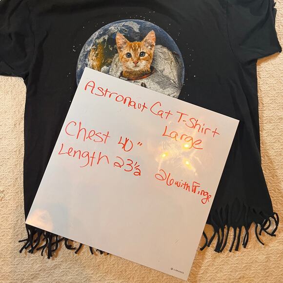 Retro Astronaut Cat T-Shirt, Fringed, Black, Size Large Funky Cat-Lover Space - Picture 4 of 10